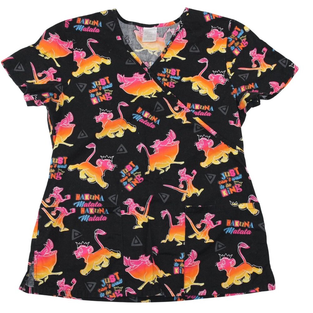 Disney Womens Small Lion King Hakuna Matata Simba Timon Pumbaa Medical Scrub Top - Picture 1 of 9